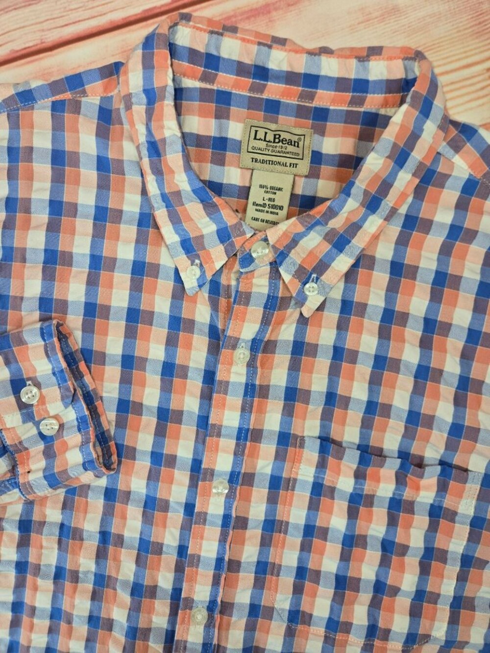 L.L. Bean Traditional Fit Orange & Blue Plaid Button-Down Shirt Medium